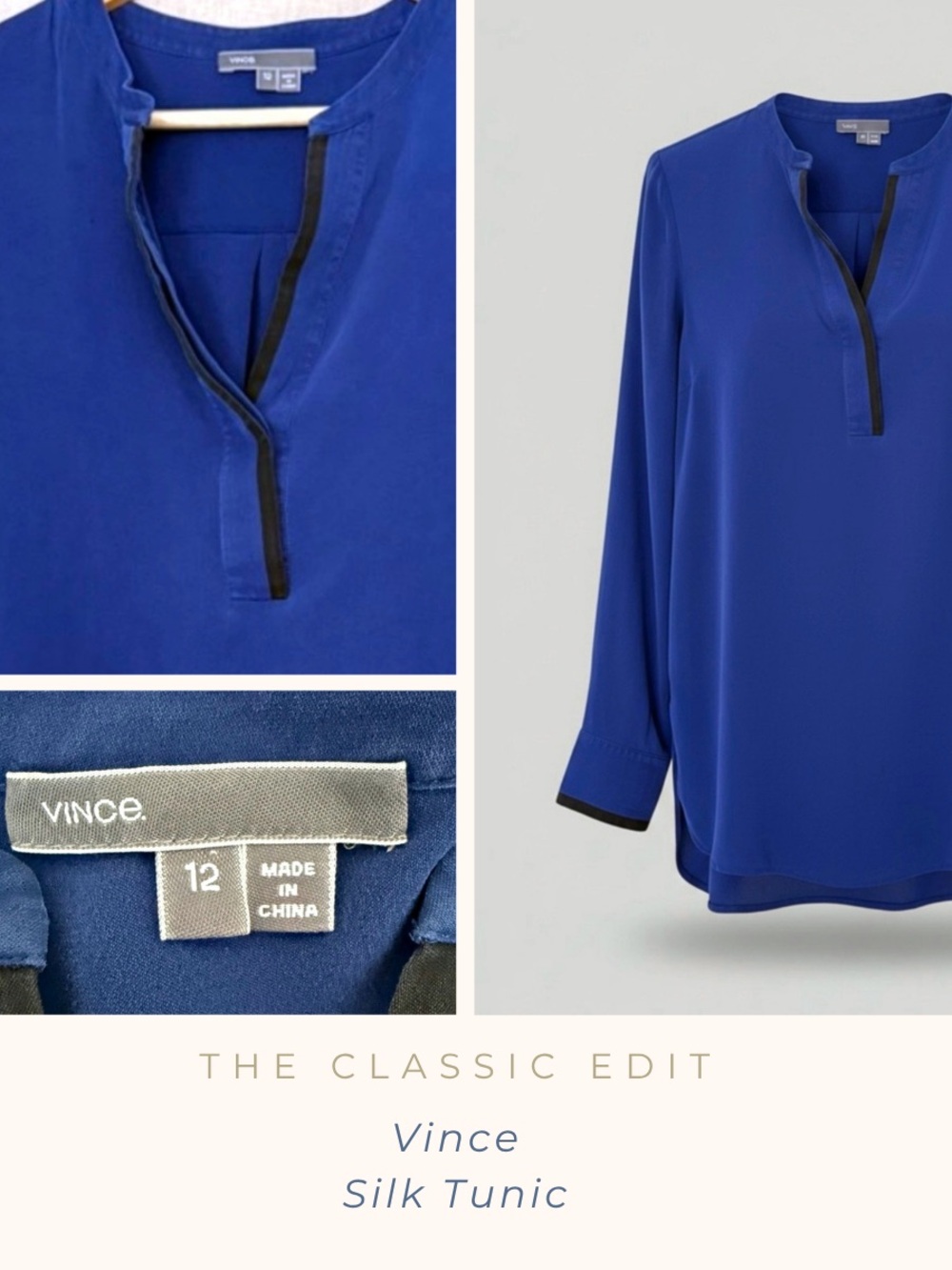 Vince 100% Silk Blouse | Cobalt Blue with Black Trim | Split Neck
